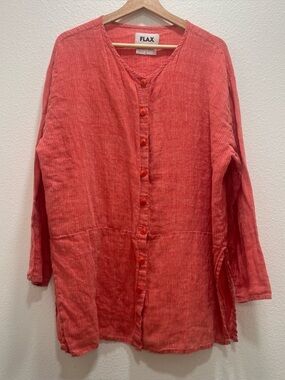 FLAX VTG Linen Pinstripe Button Up Roll Tab Tunic Top Large Lagenlook Coastal